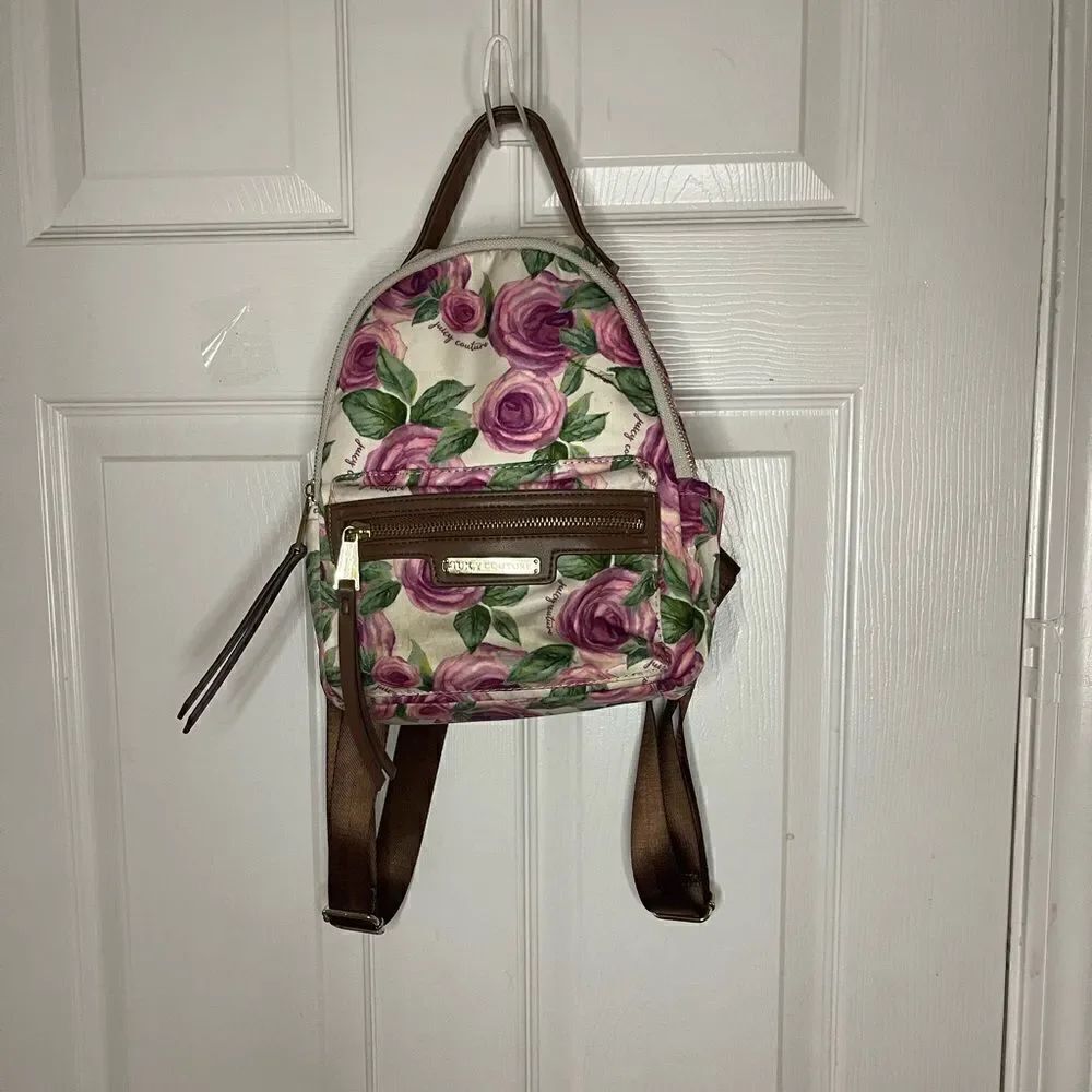 Juicy Couture Nylon mauve roses and green leaf prints mini backpack brown trims.